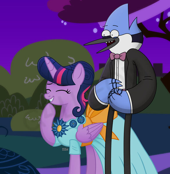 Size: 1024x1050 | Tagged: safe, artist:g4lleon, derpibooru import, twilight sparkle, twilight sparkle (alicorn), alicorn, bird, blue jay, pony, bowtie, bush, crossover, crossover shipping, female, formal wear, garden, image, jpeg, laughing, male, mare, mordecai, mordetwi, night, night sky, outdoors, regular show, ribbon, shipping, sky, smiling, straight, tree, watermark