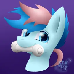 Size: 1200x1200 | Tagged: safe, artist:eldrick, derpibooru import, oc, oc:blue chewings, unofficial characters only, earth pony, pony, bust, chew toy, commission, gradient background, icon, image, jpeg, looking at you, male, mouth hold, portrait, signature, smiling, solo, stallion