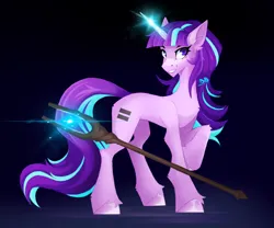 Size: 3000x2500 | Tagged: safe, artist:buvanybu, derpibooru import, starlight glimmer, pony, unicorn, the cutie map, equal cutie mark, female, glow, glowing horn, horn, image, mare, png, raised hoof, s5 starlight, smiling, solo, staff, staff of sameness