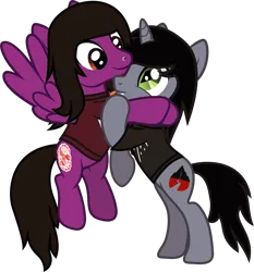 Size: 1369x1468 | Tagged: safe, artist:lightningbolt, derpibooru import, oc, ponified, ponified:kellin quinn, pegasus, pony, unicorn, .svg available, bipedal, bipedal leaning, clothes, derpibooru exclusive, disguise, disguised siren, duo, duo male, flying, happy, horn, hug, image, leaning, male, nose piercing, pierce the veil, piercing, png, shirt, sleeping with sirens, slit pupils, spread wings, stallion, t-shirt, tongue out, vector, vic fuentes, wings