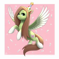 Size: 2000x2000 | Tagged: safe, artist:luminousdazzle, derpibooru import, oc, oc:lumi, unofficial characters only, pegasus, pony, chest fluff, confetti, ear piercing, female, freckles, gradient hooves, hat, image, jpeg, mare, party hat, piercing, smiling, solo, spread wings, wings