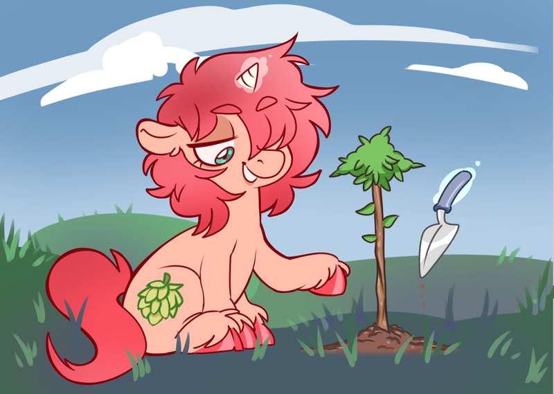 Size: 1758x1250 | Tagged: safe, artist:shoobular, derpibooru import, oc, oc:amber haze, unofficial characters only, pony, unicorn, cloud, commission, female, glow, glowing horn, grass, hair over one eye, horn, image, levitation, lidded eyes, looking down, magic, magic aura, outdoors, plant, planting, png, raised hoof, sitting, smiling, solo, tail, telekinesis, trowel, unshorn fetlocks