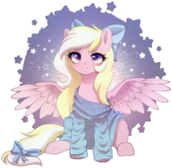Size: 2213x2164 | Tagged: safe, artist:avrameow, derpibooru import, oc, oc:bay breeze, unofficial characters only, pegasus, pony, bow, clothes, cute, female, hair bow, image, looking at you, mare, oversized clothes, oversized shirt, png, shirt, simple background, sitting, solo, spread wings, sweater, tail, tail bow, white background, wings