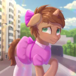 Size: 1916x1923 | Tagged: safe, artist:furryushka, derpibooru import, oc, oc:heroic armour, unofficial characters only, pony, unicorn, blushing, bow, clothes, colt, crossdressing, dress, floppy ears, foal, hair bow, image, male, png, shy, smiling, socks, solo, thigh highs