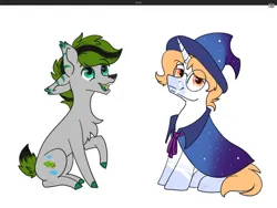 Size: 2160x1620 | Tagged: safe, artist:lambydwight, derpibooru import, oc, oc:aurelion, oc:forest rain, deer, deer pony, earth pony, original species, pony, cape, clothes, glasses, hat, image, png, simple background, white background