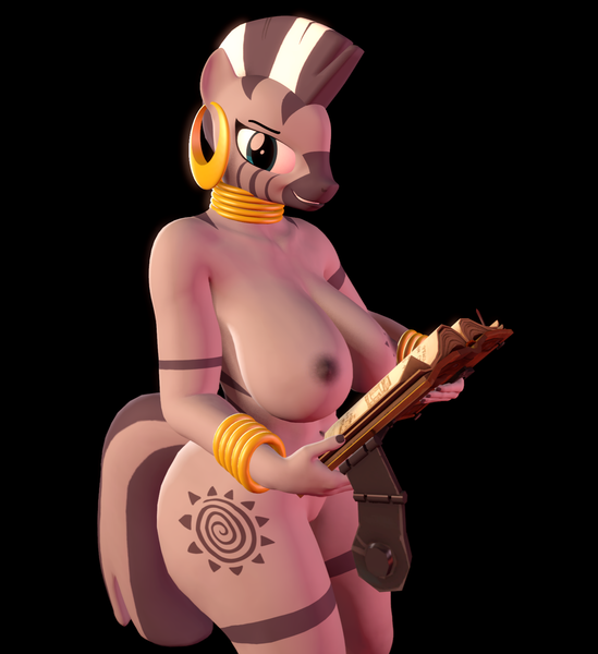 Size: 1500x1640 | Tagged: questionable, artist:milzyywilzyy, derpibooru import, zecora, anthro, zebra, 3d, areola, book, bracelet, breasts, ear piercing, earring, featureless crotch, female, hips, image, jewelry, looking at you, mohawk, necklace, nipples, nudity, piercing, png, reading, smiling, solo, tail, thighs