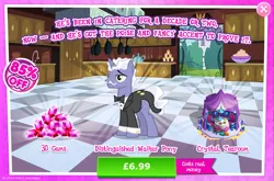 Size: 1964x1297 | Tagged: safe, derpibooru import, official, earl grey, pony, unicorn, advertisement, bowtie, cake, cake slice, chair, clothes, costs real money, cushion, english, facial hair, food, gameloft, gem, horn, image, jpeg, male, mobile game, moustache, my little pony: magic princess, numbers, sale, solo, solo focus, stallion, stool, suit, table, teapot, text