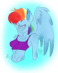 Size: 1227x1551 | Tagged: dead source, safe, alternate version, artist:feathers-ruffled, derpibooru import, rainbow dash, anthro, pegasus, pony, belly button, breasts, bust, cleavage, clothes, ear piercing, eyebrows, female, image, jpeg, mare, piercing, raised eyebrow, smiling, smirk, solo, sports bra, spread wings, wings