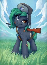 Size: 1249x1712 | Tagged: safe, artist:zeepheru_pone, derpibooru import, oc, oc:colour field, unofficial characters only, earth pony, pony, bandaid, chest fluff, cloud, eye scar, facial scar, female, grass, grass field, gun, hat, image, looking at you, mare, png, scar, sky, smiling, solo, ushanka, weapon