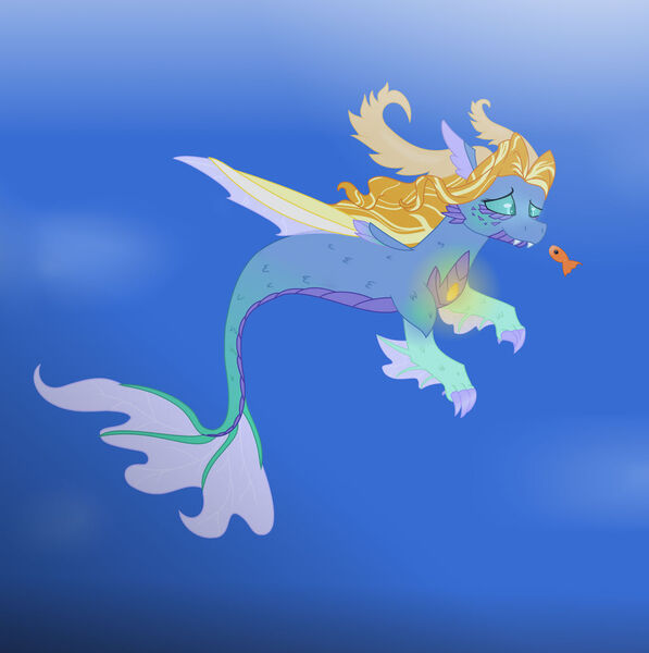 Size: 1024x1029 | Tagged: safe, artist:abbi--arson, derpibooru import, oc, unofficial characters only, fish, hybrid, merpony, pony, seapony (g4), blue background, blue eyes, crepuscular rays, digital art, fangs, female, fin wings, fins, fish tail, flowing mane, flowing tail, gem, glow, green eyes, image, jpeg, mare, ocean, orange mane, scales, simple background, solo, sunlight, swimming, tail, underwater, water, wings