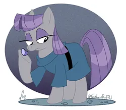 Size: 818x713 | Tagged: safe, artist:feathers-ruffled, derpibooru import, boulder (pet), maud pie, earth pony, pony, 2018, clothes, female, frock coat, image, lidded eyes, looking down, mare, png, raised hoof, rock, signature, tail