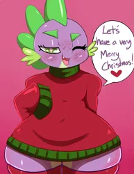 Size: 2975x3850 | Tagged: suggestive, artist:saurian, edit, ponerpics import, ponybooru import, spike, dragon, absolute territory, bedroom eyes, blushing, christmas, christmas sweater, chubby, clothes, femboy, femboy spike, girly, holiday, image, looking at you, male, oversized clothes, png, shortstack, smiling at you, socks, solo, stockings, stupid sexy spike, sweater, thicc thighs, thick, thigh highs, thighs, thunder thighs, wide hips, zettai ryouiki