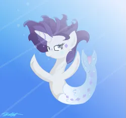 Size: 661x622 | Tagged: safe, artist:abbi--arson, derpibooru import, oc, unofficial characters only, merpony, pony, seapony (g4), unicorn, blue eyes, blue mane, crepuscular rays, eyelashes, female, fish tail, flowing mane, horn, image, lidded eyes, looking at you, mare, ocean, png, seaponified, signature, smiling, smiling at you, solo, sparkles, species swap, sunlight, swimming, tail, underwater, water