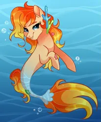 Size: 865x1050 | Tagged: safe, artist:faryawolf, derpibooru import, oc, unofficial characters only, earth pony, merpony, seapony (g4), blue eyes, bubble, commission, coral, crepuscular rays, cute, digital art, dorsal fin, eyelashes, fins, fish tail, flowing mane, flowing tail, image, looking at you, ocean, orange mane, orange tail, png, seaponified, smiling, smiling at you, solo, species swap, sunlight, swimming, tail, underwater, water