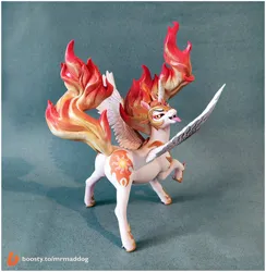 Size: 1898x1942 | Tagged: safe, artist:alexcroft1991, derpibooru import, daybreaker, alicorn, pony, butt, craft, daybutt, female, figurine, helmet, hoof shoes, image, jpeg, lidded eyes, looking back, mane of fire, mare, open mouth, peytral, raised hoof, sculpture, solo, spread wings, tongue out, wings