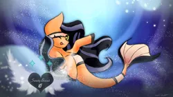 Size: 600x338 | Tagged: safe, artist:sweetybiscuit30, derpibooru import, oc, unofficial characters only, earth pony, pony, seapony (g4), black mane, bubble, crepuscular rays, digital art, dorsal fin, female, fish tail, flowing mane, flowing tail, glow, image, jpeg, logo, looking at you, mare, ocean, one eye closed, seaponified, signature, smiling, smiling at you, solo, species swap, speedpaint, sunlight, swimming, tail, underwater, water, wink, yellow eyes