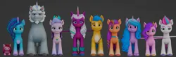 Size: 1758x578 | Tagged: safe, derpibooru import, hitch trailblazer, izzy moonbow, pipp, pipp petals, queen haven, sunny starscout, zipp storm, alicorn, armadillo, earth pony, pegasus, pony, unicorn, g5, spoiler:g5, 3d, alphabittle blossomforth, blender, female, freckles, full body, height difference, image, jpeg, line-up, male, mane five (g5), mare, misty brightdawn, multicolored mane, opaline arcana, pipp is short, size comparison, size difference, stallion, unshorn fetlocks
