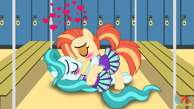 Size: 3840x2160 | Tagged: questionable, artist:ejlightning007arts, derpibooru import, lighthoof, shimmy shake, earth pony, pony, 2 4 6 greaaat, blushing, eyes closed, eyeshadow, female, floating heart, heart, image, kissing, lesbian, locker room, lying down, makeup, making out, mare, on the floor, png, ponytail, romantic, shimmyhoof, shipping