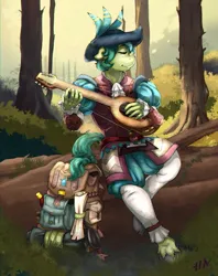 Size: 693x875 | Tagged: safe, artist:mazinga669, derpibooru import, sandbar, anthro, earth pony, unguligrade anthro, backpack, bard, crossover, dungeons and dragons, eyes closed, fantasy, fantasy class, forest, image, jpeg, lute, medieval, pen and paper rpg, rpg, solo, tree