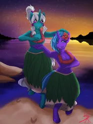 Size: 1661x2219 | Tagged: suggestive, artist:shadowraiser, derpibooru import, oc, oc:cascade, oc:seabreeze, anthro, unguligrade anthro, unicorn, breasts, cleavage, clothes, dancing, daughter, eyelashes, female, flower, flower in hair, grass skirt, hair tie, horn, hula, image, island, lei, looking at you, mother, mother and child, mother and daughter, png, short hair, skirt, sunset, unicorn horn, unicorn oc