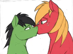 Size: 2277x1715 | Tagged: safe, artist:sefastpone, derpibooru import, big macintosh, oc, oc:anon stallion, earth pony, pony, canon x oc, colored sketch, freckles, gay, image, kissing, looking at each other, looking at someone, male, png, sefast's anon