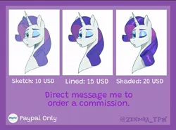 Size: 719x532 | Tagged: safe, artist:zendoratpw, derpibooru import, rarity, pony, unicorn, advertisement, bust, commission info, female, image, jpeg, mare, one eye closed, wink