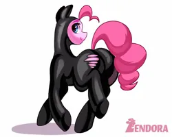 Size: 1250x1000 | Tagged: safe, artist:zendoratpw, derpibooru import, pinkie pie, earth pony, pony, balloonbutt, butt, catsuit, clothes, image, jpeg, latex, latex suit, looking back, raised hoof, simple background, solo, torn clothes, white background