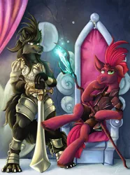 Size: 1657x2224 | Tagged: safe, artist:jamescorck, derpibooru import, tempest shadow, oc, oc:kai, anthro, digitigrade anthro, pony, unicorn, werewolf, wolf, anthro with ponies, armor, barefoot, bipedal, feet, floppy ears, furry, furry oc, image, leaning back, looking at you, png, sitting, smiling, smirk, staff, staff of sacanas, standing, sword, throne, throne room, throne slouch, weapon