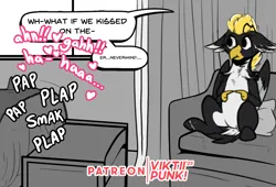 Size: 1350x919 | Tagged: suggestive, artist:viktiipunk, derpibooru import, oc, oc:ping wing, hippogriff, background, couch, dialogue, hippogriff oc, hotel room, image, male, plap, png, solo, talons