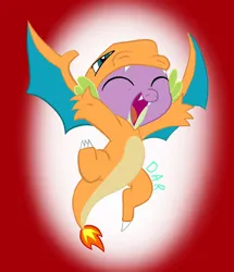 Size: 750x874 | Tagged: safe, artist:gracefulart693, derpibooru import, spike, charizard, dragon, abstract background, cheering, clothes, costume, crossover, image, jpeg, kigurumi, male, open mouth, pokémon, smiling, solo, winged spike, wings