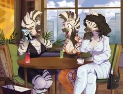 Size: 2204x1671 | Tagged: safe, artist:hakkids2, derpibooru import, oc, unofficial characters only, anthro, zebra, absolute cleavage, breasts, choker, cleavage, clothes, conversation, dress, drink, eyes closed, female, females only, hand on cheek, hand on chin, image, jpeg, laughing, mobile phone, mohawk, phone, smartphone, zebra oc