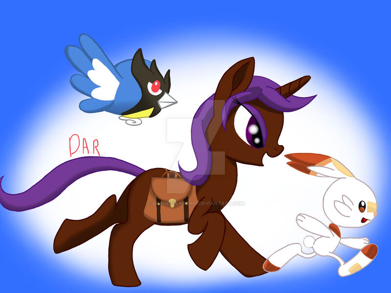 Size: 1280x960 | Tagged: safe, artist:gracefulart693, derpibooru import, oc, pony, rookidee, scorbunny, unicorn, abstract background, bag, deviantart watermark, horn, image, jpeg, obtrusive watermark, pokémon, running, saddle bag, unicorn oc, watermark