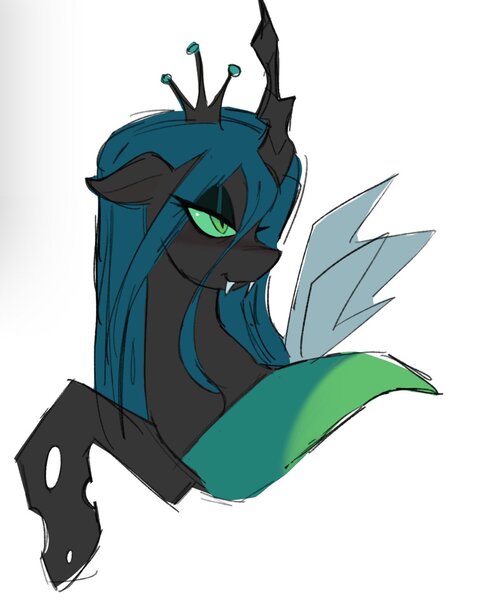 Size: 1125x1413 | Tagged: safe, artist:trixieacc06, derpibooru import, queen chrysalis, changeling, changeling queen, bust, fangs, female, image, jpeg, simple background, white background