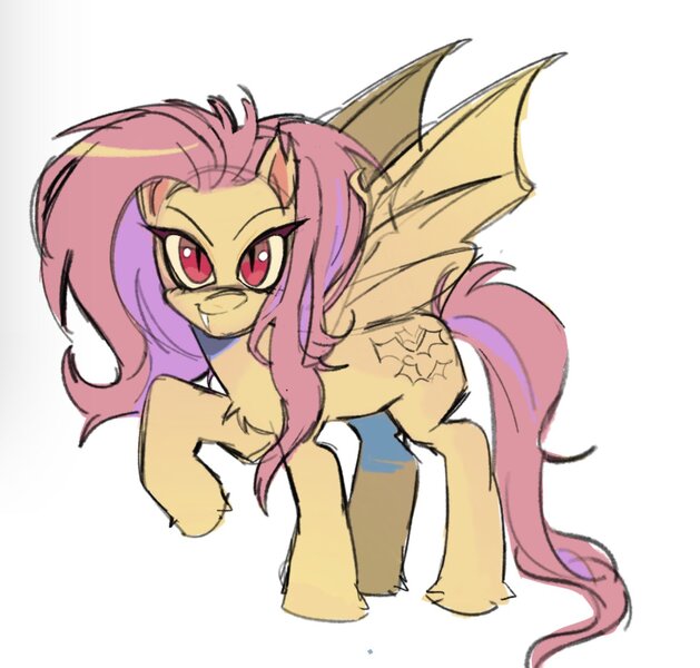 Size: 1263x1204 | Tagged: safe, artist:trixieacc06, derpibooru import, fluttershy, bat pony, bat ponified, fangs, flutterbat, image, jpeg, looking at you, race swap, raised hoof, simple background, solo, white background