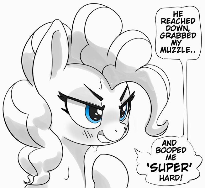 Size: 1200x1101 | Tagged: safe, artist:pabbley, derpibooru import, pinkie pie, earth pony, pony, bust, dialogue, female, grayscale, image, implied anon, implied boop, jpeg, lewd, mare, monochrome, partial color, simple background, solo, speech bubble, sweat, white background