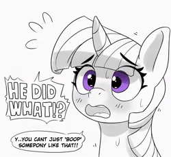 Size: 1200x1101 | Tagged: safe, artist:pabbley, derpibooru import, twilight sparkle, twilight sparkle (alicorn), alicorn, pony, blushing, bust, dialogue, emanata, female, grayscale, image, implied anon, implied boop, jpeg, mare, monochrome, open mouth, partial color, plewds, simple background, solo, speech bubble, sweat, white background