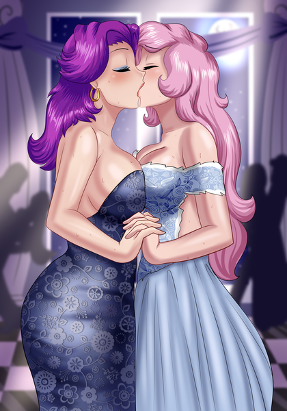 Size: 1435x2048 | Tagged: suggestive, artist:thebrokencog, derpibooru import, fluttershy, spoiled rich, human, age difference, asymmetrical docking, ball, big breasts, breasts, busty fluttershy, busty spoiled rich, cheating, clothes, commission, crack shipping, dance floor, dancing, dress, ear piercing, earring, eyes closed, eyeshadow, female, females only, gown, holding hands, hooped earrings, humanized, image, infidelity, jewelry, kissing, lesbian, lipstick, long hair, love, makeup, milf, piercing, png, prostitute, romance, romantic, shipping, spoiled milf, spoiledshy, sweat, sweatdrop, symmetrical docking