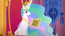 Size: 1280x721 | Tagged: safe, artist:mlp-silver-quill, derpibooru import, princess celestia, after the fact, after the fact:celestia centerpoints, book, canterlot castle, crown, cute, cutelestia, image, jewelry, magic, magic aura, peytral, png, reading, regalia, tapestry, throne room