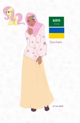 Size: 1330x2048 | Tagged: safe, artist:cryweas, derpibooru import, fluttershy, human, pegasus, pony, clothes, cute, dark skin, female, flats, hijab, humanized, image, islam, islamashy, jpeg, religion, saudi arabia, shirt, shoes, shyabetes, skirt, solo, sweater, sweatershy, ukraine