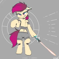 Size: 2802x2802 | Tagged: safe, artist:deafjaeger, derpibooru import, oc, oc:violetka, unofficial characters only, earth pony, pony, angry, armband, augmented, belly button, belt, bipedal, chest fluff, clothes, female, floppy ears, front view, image, looking at you, magic, mare, phasesaw, png, shorts, simple background, solo, standing, standing on two hooves, sword, telekinesis, the chronicles of order, weapon