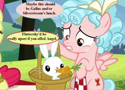 Size: 1008x720 | Tagged: safe, derpibooru import, edit, edited screencap, screencap, angel bunny, apple bloom, cozy glow, marks for effort, bad idea, basket, beware the nice ones, bow, carrot, cropped, dialogue, food, hair bow, image, implied fluttershy, implied gallus, implied silverstream, picnic basket, png, speech bubble, tree