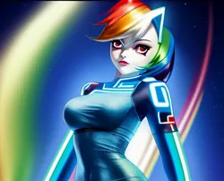 Size: 2238x1812 | Tagged: suggestive, derpibooru import, machine learning assisted, machine learning generated, purplesmart.ai, stable diffusion, rainbow dash, anthro, breasts, clothes, cyberspace, dress, female, image, jpeg, sexy, solo, tron