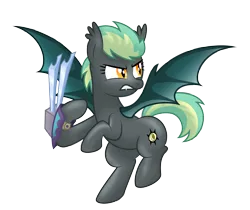 Size: 3810x3200 | Tagged: safe, artist:aleximusprime, derpibooru import, oc, oc:noctura, bat pony, fanfic:my little sister is a dragon, bat pony oc, bat wings, blades, flying, gauntlet, gritted teeth, image, png, ready to fight, slit pupils, spread wings, teeth, wings