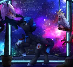 Size: 1600x1472 | Tagged: safe, artist:dereketto, derpibooru import, oc, oc:mysterious star, bird, cockatoo, pegasus, pony, image, png, space, spacesuit, standing, standing on two hooves