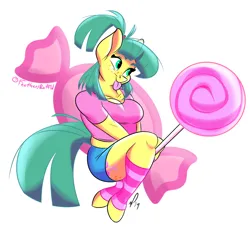 Size: 1030x935 | Tagged: safe, artist:feathers-ruffled, derpibooru import, oc, oc:stocking pop, unofficial characters only, anthro, earth pony, pony, unguligrade anthro, breasts, butt freckles, candy, chest freckles, cleavage, clothes, dock, female, food, freckles, image, leg warmers, lollipop, mare, midriff, png, shirt, shorts, smiling, solo, striped leg warmers, striped legwear, tail, tongue out