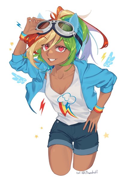 Size: 1448x2048 | Tagged: safe, artist:7hundredt, derpibooru import, kotobukiya, rainbow dash, human, clothes, cute, dark skin, goggles, hoodie, humanized, image, jpeg, shorts, smiling, tanktop