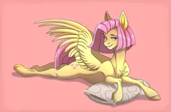 Size: 2367x1556 | Tagged: safe, artist:1an1, derpibooru import, fluttershy, pegasus, pony, alternate hairstyle, blushing, chest fluff, eyebrows, eyelashes, image, lidded eyes, looking at you, lying down, pegasus wings, pillow, png, prone, short mane, smiling, solo, sploot, spread wings, wings