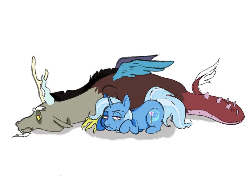 Size: 1145x815 | Tagged: safe, artist:limbteeth, artist:vilesmell, derpibooru import, discord, trixie, draconequus, pony, unicorn, discord is not amused, duo, duo male and female, female, horn, image, jpeg, lying down, male, mare, shadow, simple background, trixie is not amused, unamused, white background