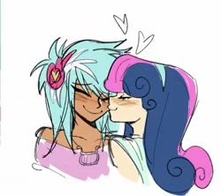 Size: 1254x1114 | Tagged: safe, artist:trixieacc06, derpibooru import, bon bon, lyra heartstrings, sweetie drops, human, bust, clothes, eyes closed, female, heart, humanized, image, jpeg, kiss on the cheek, kissing, lesbian, lyrabon, shipping, simple background, smiling, white background