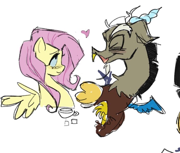 Size: 1216x1035 | Tagged: safe, artist:trixieacc06, derpibooru import, discord, fluttershy, draconequus, pegasus, pony, bust, cup, duo, duo male and female, eyes closed, female, heart, image, jpeg, male, sketch, smiling, spread wings, tea party, teacup, wings